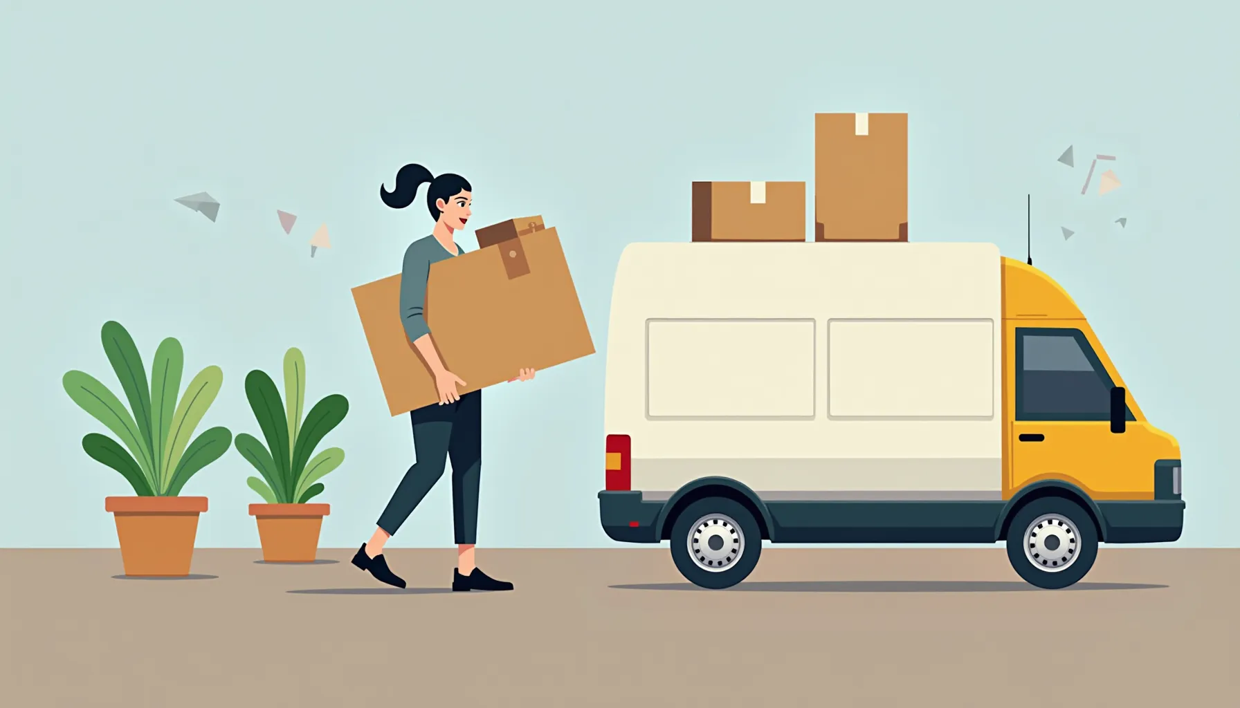 אישה נושאת קופסה ליד רכב הובלה, בסיטואציה של הובלת דירה באילת. אישה נושאת קופסה ליד רכב הובלה, בסיטואציה של הובלת דירה באילת.