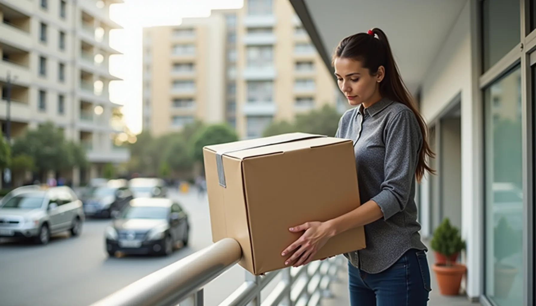 אישה מחזיקה קופסה ומביטה על נוף העיר, מדגימה הובלות דירה בקרית שמונה. אישה מחזיקה קופסה ומביטה על נוף העיר, מדגימה הובלות דירה בקרית שמונה.